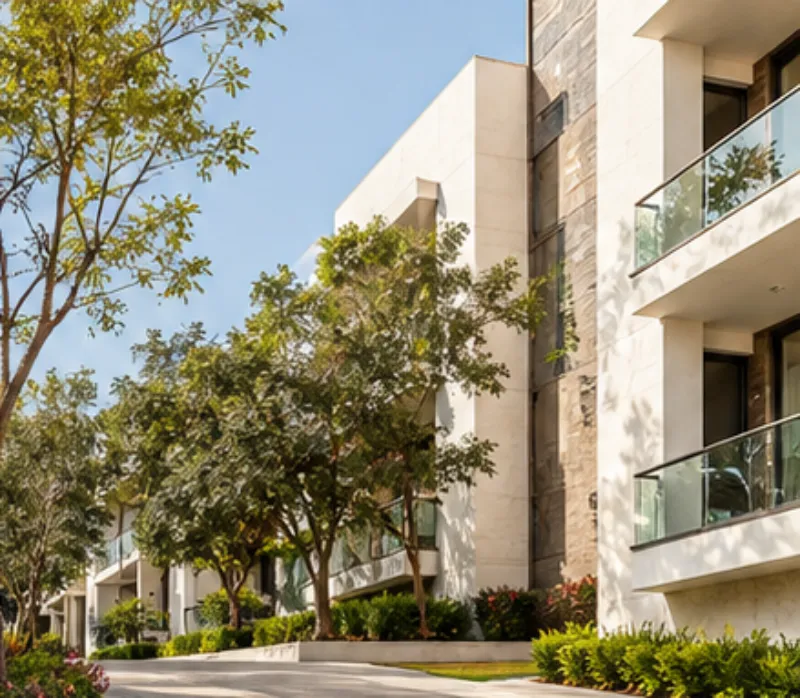 Fachada de un desarrollo residencial recién terminado, con balcones de vidrio y jardines en la entrada